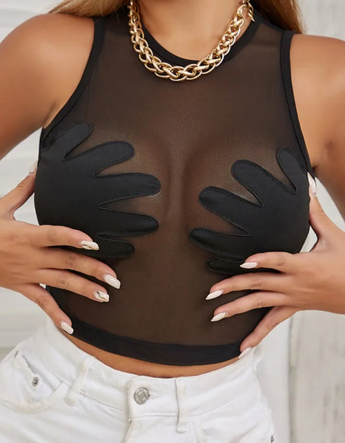 Load image into Gallery viewer, Sleeveless Sexy Tank Top Women Clothing See through Y2K Accessories O-Neck Palms Cute Mini T-Shirts Mesh Black Ropa De Mujer
