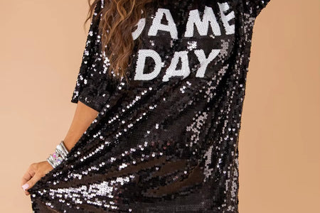 Stock Fast Ship White and Black Jersey Sequined T-Shirt Dress Top Women'S round Neck Long Sleeved Sequin Game Day Sequin Dress
