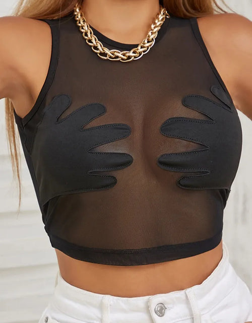 Load image into Gallery viewer, Sleeveless Sexy Tank Top Women Clothing See through Y2K Accessories O-Neck Palms Cute Mini T-Shirts Mesh Black Ropa De Mujer

