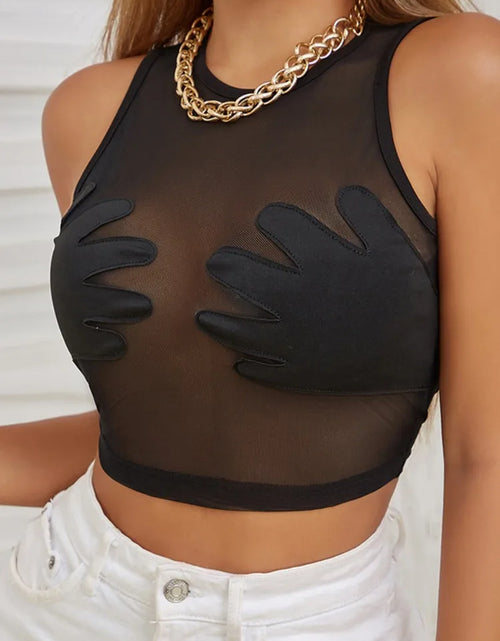 Load image into Gallery viewer, Sleeveless Sexy Tank Top Women Clothing See through Y2K Accessories O-Neck Palms Cute Mini T-Shirts Mesh Black Ropa De Mujer
