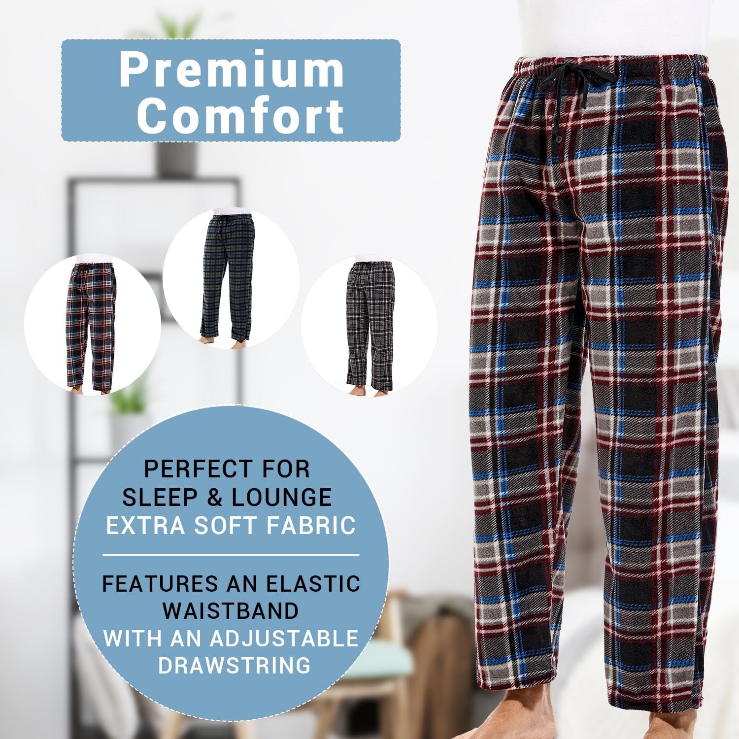 3 Pack Plaid Mens Pajama Pants Set Bottoms Fleece Lounge Sleepwear Pjs with Pockets Microfleece