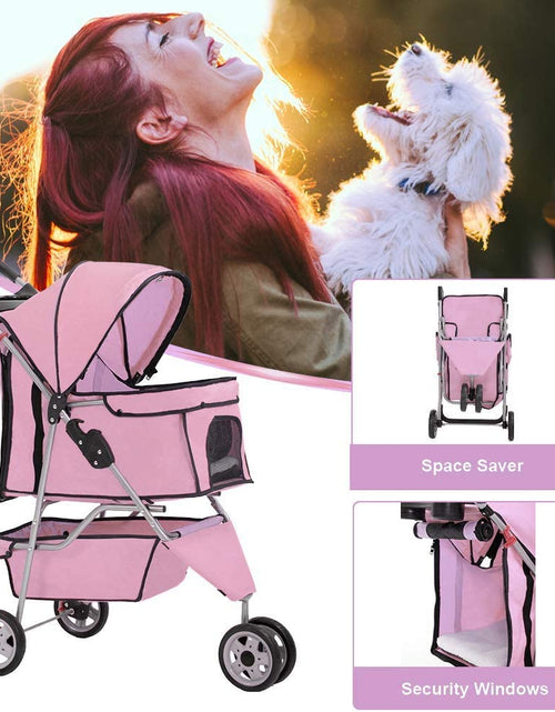 Load image into Gallery viewer, 3 Wheels Pet Dog Stroller Cat Cage for Medium Small Dogs Cats Travel Folding Carrier Waterproof Puppy Stroller with Cup Holder &amp; Removable Liner,Pink
