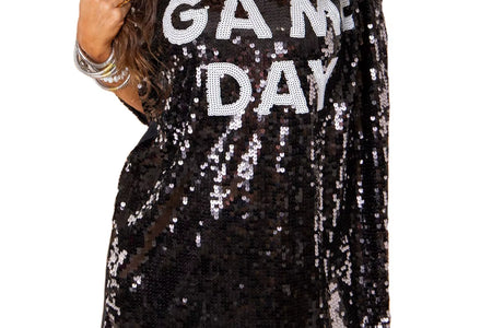 Stock Fast Ship White and Black Jersey Sequined T-Shirt Dress Top Women'S round Neck Long Sleeved Sequin Game Day Sequin Dress