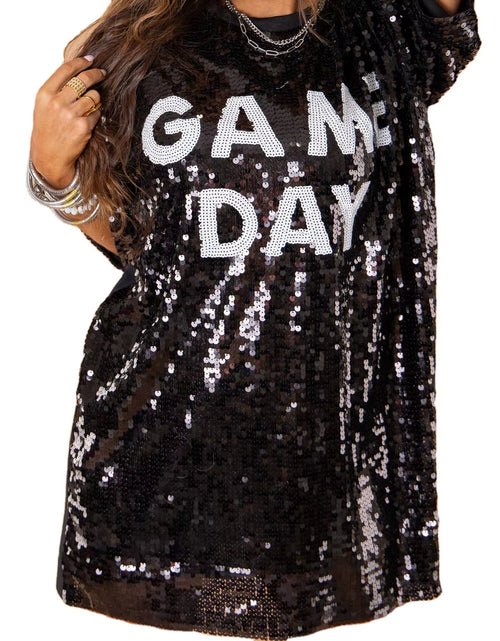 Load image into Gallery viewer, Stock Fast Ship White and Black Jersey Sequined T-Shirt Dress Top Women'S round Neck Long Sleeved Sequin Game Day Sequin Dress
