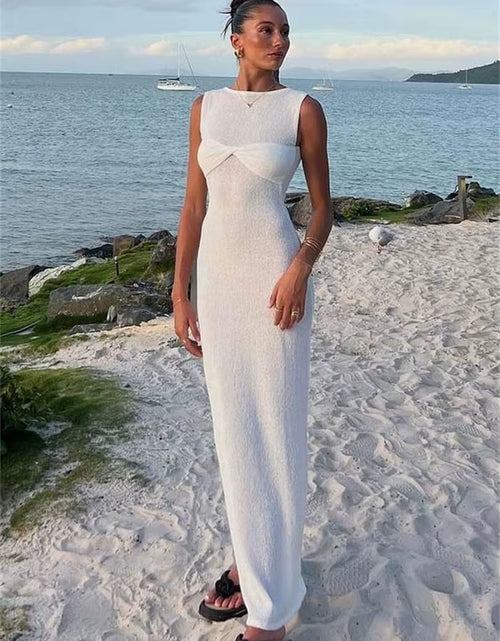 Load image into Gallery viewer, Summer Beach Knit Maxi Dress for Women Cover-Up Pink Sleeveless Twist Sundress Knitwear See-Through Maxi Bodycon Dress New
