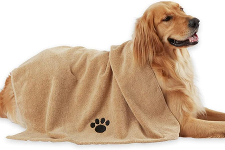 Pet Drying Collection Embroidered Terry Microfiber, Towel X-Large, 41X23.5", Taupe with Black Paw Print