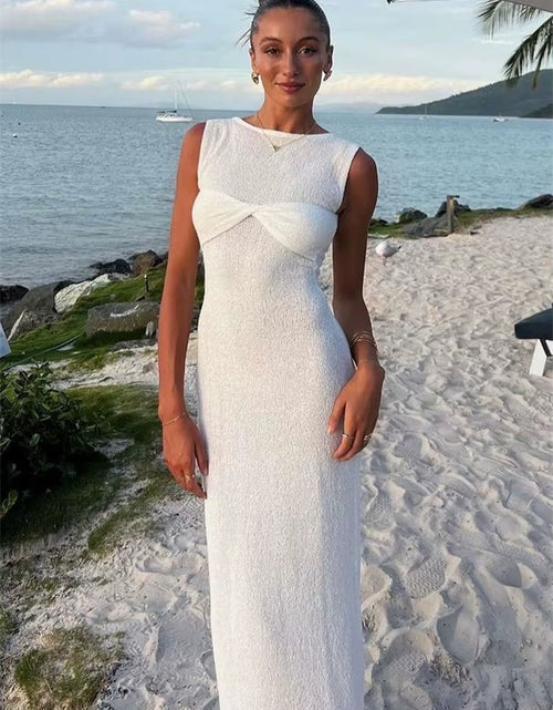 Load image into Gallery viewer, Summer Beach Knit Maxi Dress for Women Cover-Up Pink Sleeveless Twist Sundress Knitwear See-Through Maxi Bodycon Dress New
