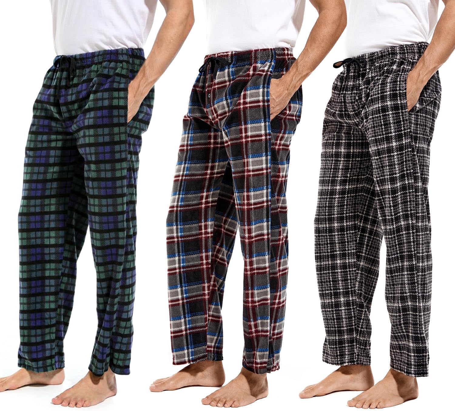 3 Pack Plaid Mens Pajama Pants Set Bottoms Fleece Lounge Sleepwear Pjs with Pockets Microfleece