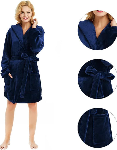 Load image into Gallery viewer, Women Hooded Fleece Robe, Short Plush Robes for Womens with Hood Soft Warm Spa Bathrobe
