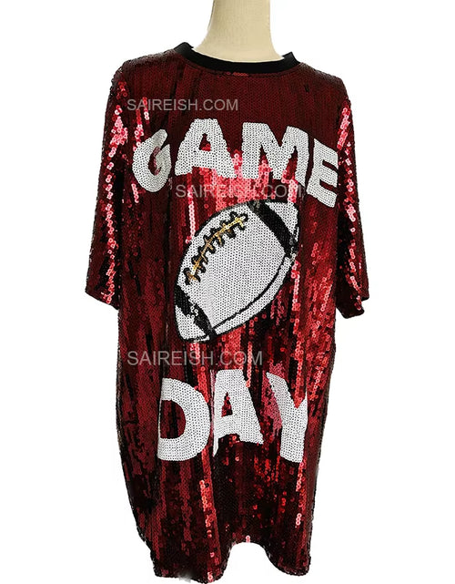 Load image into Gallery viewer, Stock Fast Ship White and Black Jersey Sequined T-Shirt Dress Top Women'S round Neck Long Sleeved Sequin Game Day Sequin Dress
