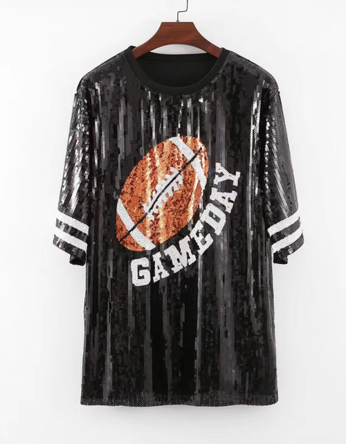 Load image into Gallery viewer, Stock Fast Ship White and Black Jersey Sequined T-Shirt Dress Top Women'S round Neck Long Sleeved Sequin Game Day Sequin Dress
