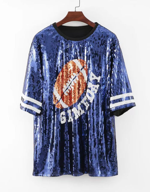 Load image into Gallery viewer, Stock Fast Ship White and Black Jersey Sequined T-Shirt Dress Top Women'S round Neck Long Sleeved Sequin Game Day Sequin Dress
