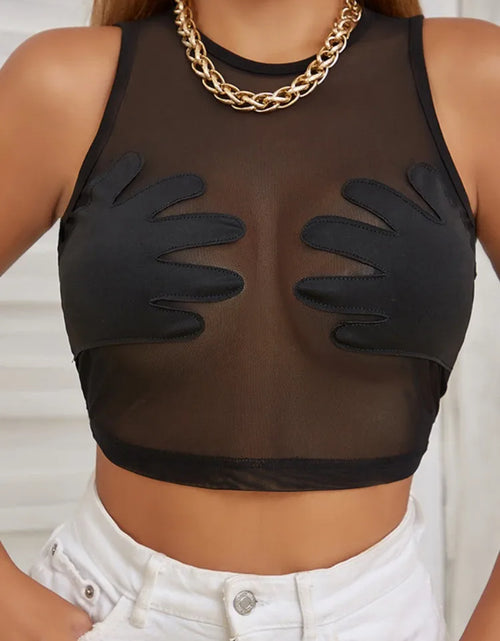 Load image into Gallery viewer, Sleeveless Sexy Tank Top Women Clothing See through Y2K Accessories O-Neck Palms Cute Mini T-Shirts Mesh Black Ropa De Mujer
